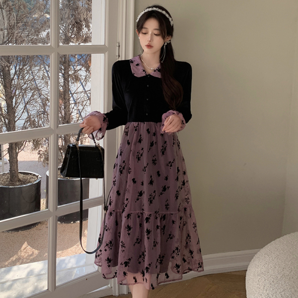 KM29885#大码秋冬新款法式复古风假两件连衣裙紫色长袖拼接丝绒裙子