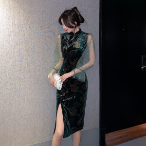 Velvet print panel modified split temperament elegant long cheongsam dress