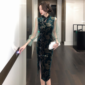 Velvet print panel modified split temperament elegant long cheongsam dress