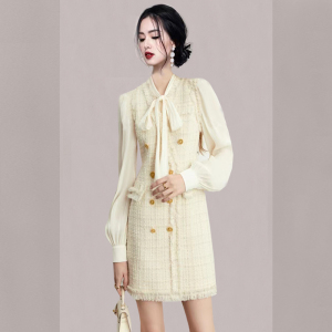 RM322#韩版时尚甜美蝴蝶结系带粗花呢拼接灯笼袖包臀连衣裙