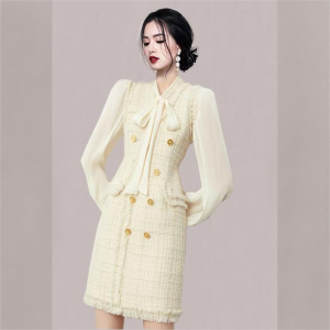 RM322#韩版时尚甜美蝴蝶结系带粗花呢拼接灯笼袖包臀连衣裙