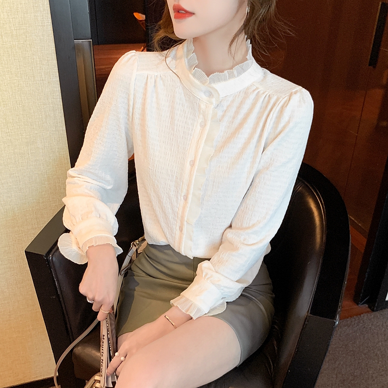 New winter new stand-up collar long-sleeved chiffon shirt for women with niche and high-end French velvet thickened tops