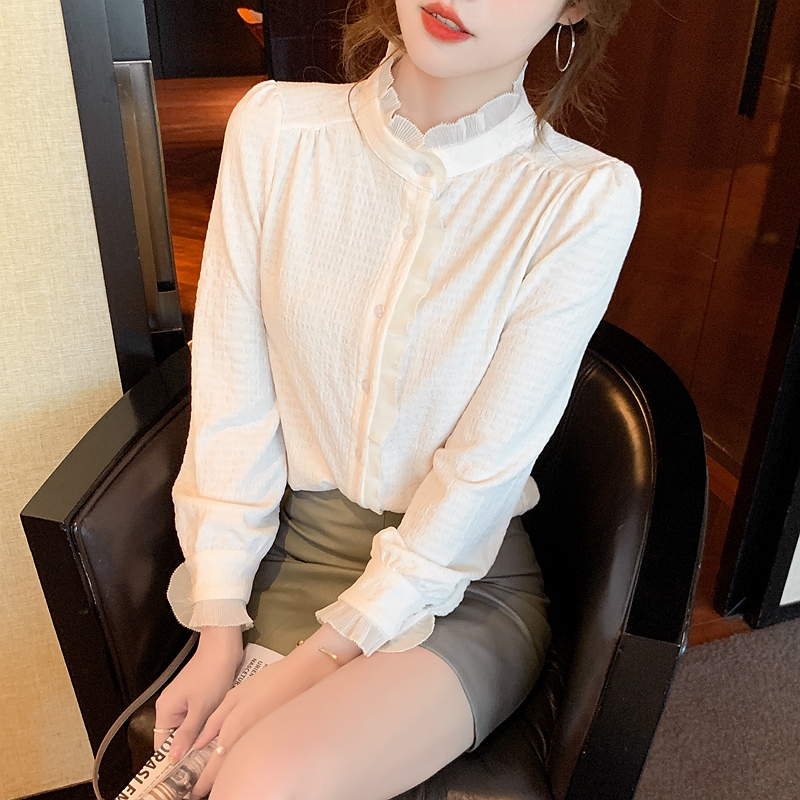 New winter new stand-up collar long-sleeved chiffon shirt for women with niche and high-end French velvet thickened tops