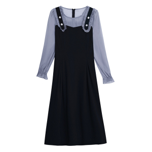 RM1653#新款长袖显瘦大码拼接纽扣花边装饰假两件气质长袖连衣裙