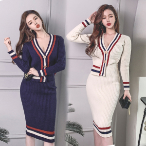 PS59125# 韩版新品修身长袖两件针织V领收腰毛衣两件套装 服装批发女装服饰货源