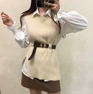 PS60407# 韩版INS毛衣马甲衬衫两件套配腰带 服装批发女装服饰货源