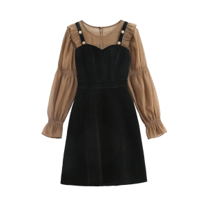 RM531#新款法式A字裙灯芯绒假两件拼接收腰显瘦连衣裙