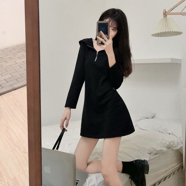 Spring and autumn plus-size women's long-sleeved long-sleeved zipper hooded sweater T-shirt women's loose slim lazy wind dress