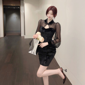 TR53957# 法式小个子赫本风轻款少女改良旗袍性感网纱丝绒连衣裙 服装批发女装批发服饰货源