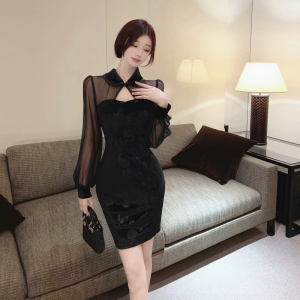 TR53957# 法式小个子赫本风轻款少女改良旗袍性感网纱丝绒连衣裙 服装批发女装批发服饰货源