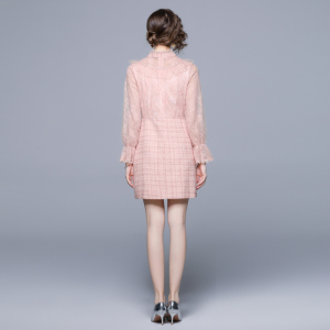 RM5277#新款粉色显瘦气质下摆钉珠粗呢连衣裙