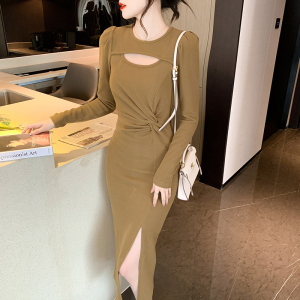 PS68461# 秋冬新款法式气质纯色扭结裙子长袖连衣裙女