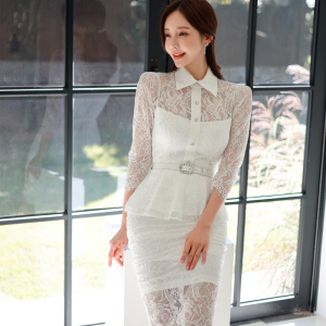 KM28411#新款韩版气质衬衫领修身荷叶边收腰包臀蕾丝连衣裙