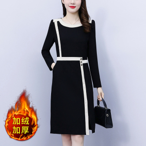 KM28464#新款韩版修身显瘦加绒加厚拼色高级感连衣裙女