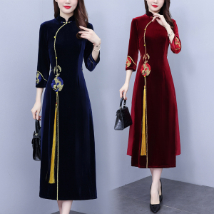 RM21300#大码女装胖MM绣花复古金丝绒改良旗袍显瘦时尚连衣裙