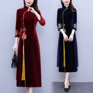 RM21300#大码女装胖MM绣花复古金丝绒改良旗袍显瘦时尚连衣裙