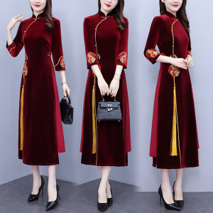 RM21300#大码女装胖MM绣花复古金丝绒改良旗袍显瘦时尚连衣裙