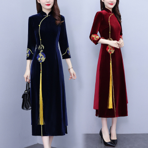 RM21300#大码女装胖MM绣花复古金丝绒改良旗袍显瘦时尚连衣裙