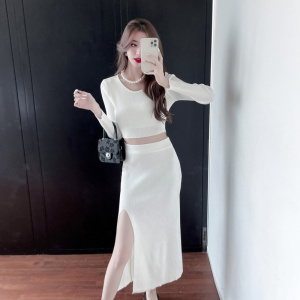 RM24854#纯色螺纹V领短上衣+露腰包臀毛针织开叉长裙半身裙两件套套装