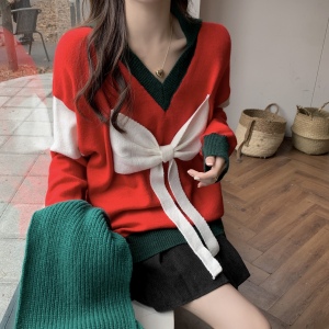 KM27367#新款胖MM圣诞红色毛衣设计感甜美圆领针织上衣