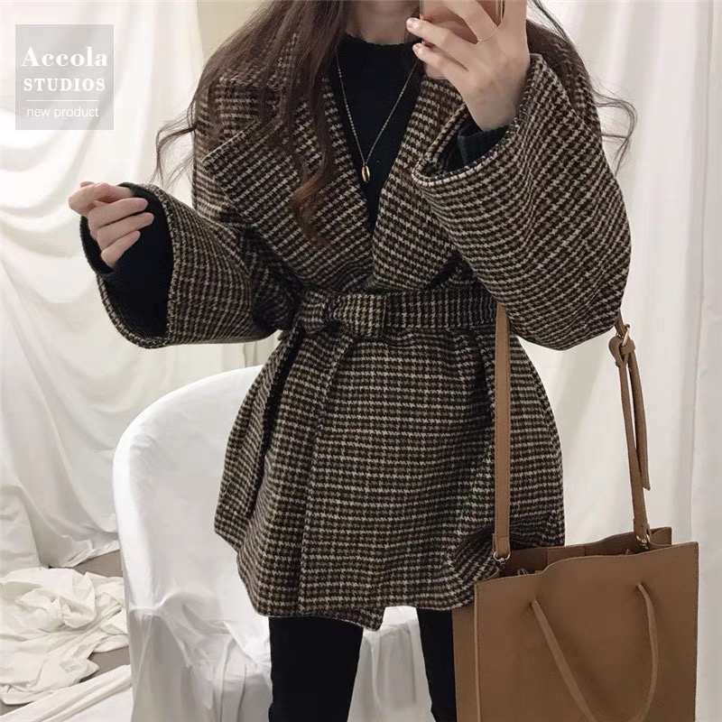  Spring and Autumn Korean chic retro lapel plaid woolen coat casual mid-length coat