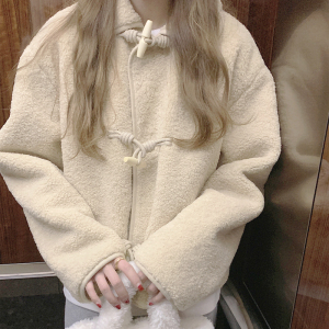 PS58827#  韩国chic牛角扣羊羔绒加厚长袖宽松羊羔毛外套 服装批发女装服饰货源