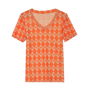 KM27176#橙色T恤女欧洲站2022夏季新款V领上衣女网纱印花短袖大码半袖