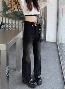 KM29124#ins潮高街新款设计感个性休闲长裤女垂感小众牛仔裤