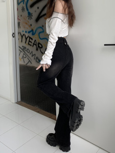KM29124#ins潮高街新款设计感个性休闲长裤女垂感小众牛仔裤