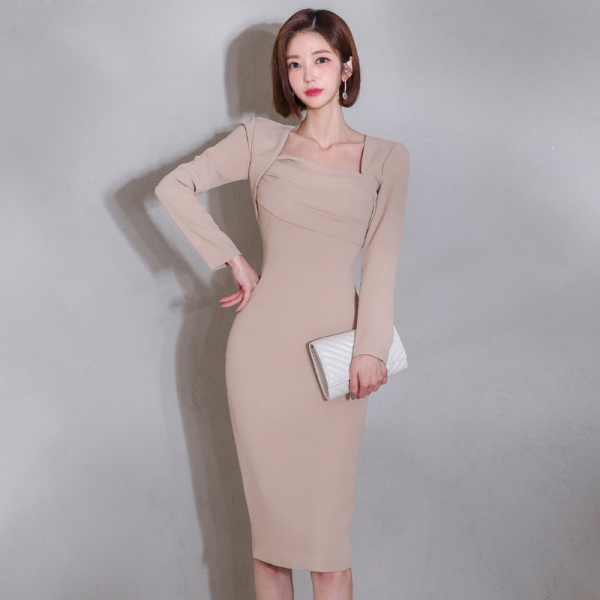 KM28415#新款韩版气质修身中长款时尚长袖包臀职业连衣裙女