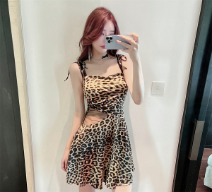 Brilliant Party Short Skirt French Net Red Temperament Sexy Leopard Pattern Strap Dress