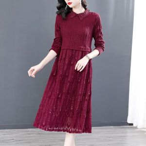 KM27496#高端针织红色长袖连衣裙冬女2022新款时尚妈妈品牌洋气裙子