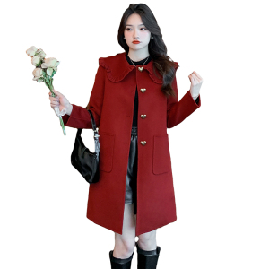 PS62107# 秋冬新款中长呢子外套娃娃领红色毛呢大衣女 服装批发女装服饰货源