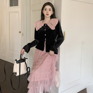 RM5246#大码胖MM春季新款法式娃娃领衬衫+粉色千层梦中情裙半身裙