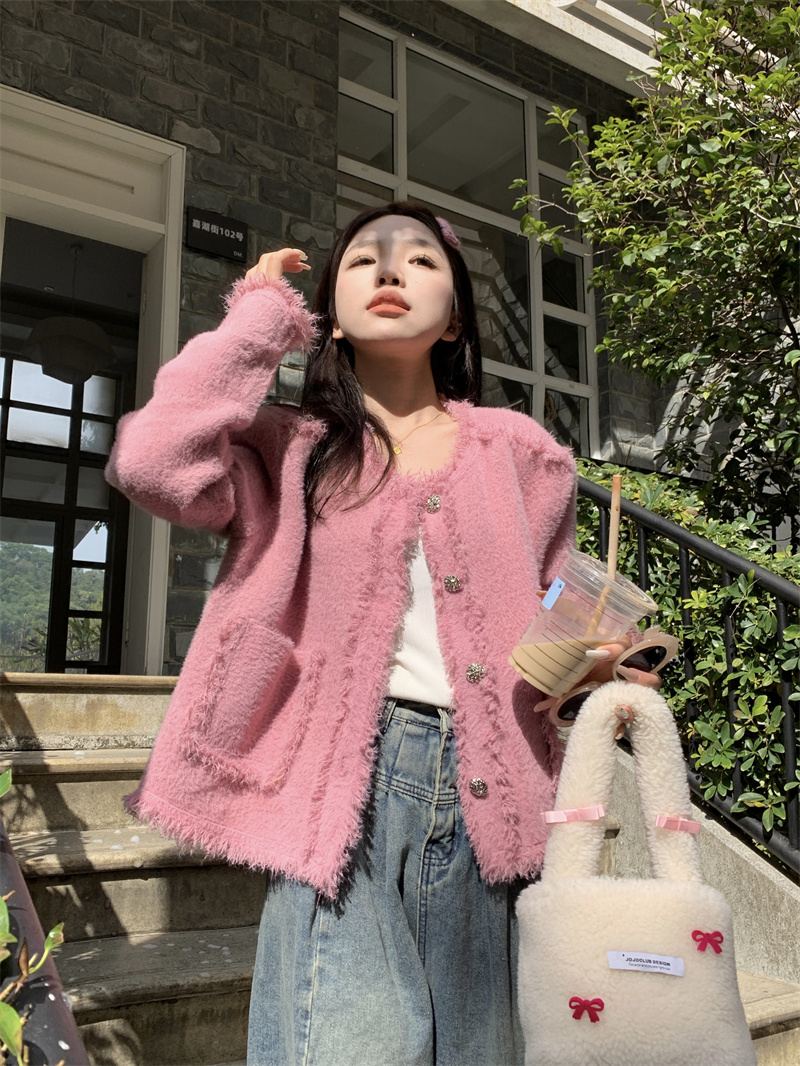 实拍韩版小香风甜美设计感开衫高级感毛织外套