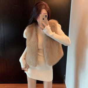 Real shot of new winter Korean version short style imitation fox fur grass vest coat mink fur vest hairy waistcoat