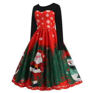 RM20324#圣诞节赫本风定位数码印花拼接长袖大摆裙