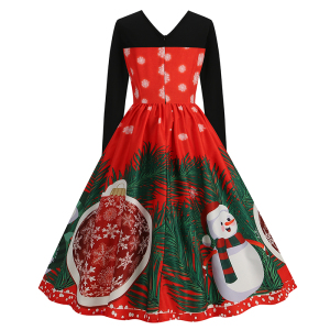 RM20324#圣诞节赫本风定位数码印花拼接长袖大摆裙