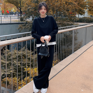 KM27736#小香风日系宽松慵懒套头假两件毛衣针织阔腿裤两件套套装洋气减龄