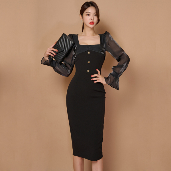 KM28416#韩版新款修身中长款气质方领拼接包臀时尚连衣裙女