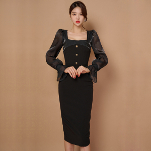 KM28416#韩版新款修身中长款气质方领拼接包臀时尚连衣裙女