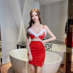 Hollow out Christmas red mesh patchwork suspender dress