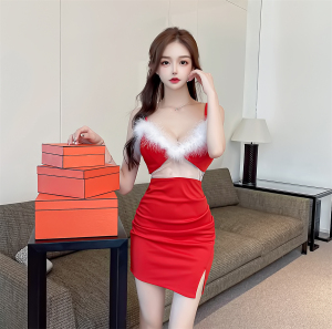 Hollow out Christmas red mesh patchwork suspender dress