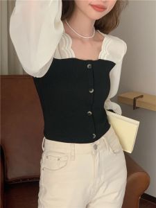 MY3920#韩版纯欲收腰显瘦拼接款长袖方领衬衫 2色现货