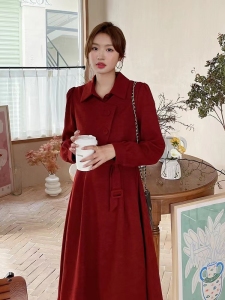 KM30803#法式赫本风气质名媛红色马甲连衣裙两件套秋冬日常回门订婚衬衫裙