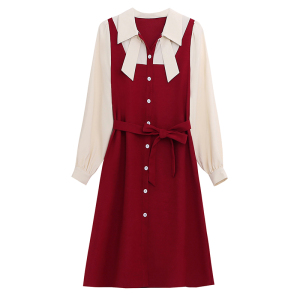 RM22185#女装甜美减龄娃娃领衬衣连衣裙秋季假两件遮肉显瘦长