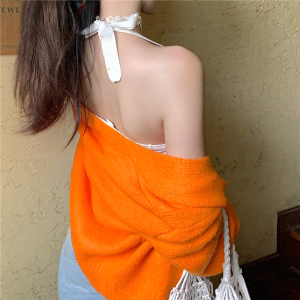 PS60703# 开衫橙橘色针织衫毛衣自带阳光+抽绳松紧吊带上衣 服装批发女装服饰货源