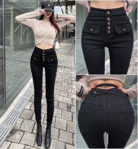 KM28976#韩版新款黑色紧身高腰弹力显瘦裤子小脚裤牛仔裤