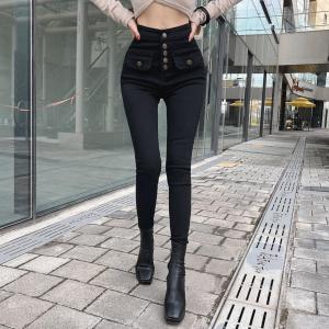 KM28976#韩版新款黑色紧身高腰弹力显瘦裤子小脚裤牛仔裤