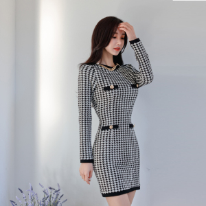 KM30202#新款韩版气质小香风时尚气质显瘦性感千鸟格连衣裙